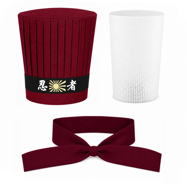 Burgundy Japanese Teppanyaki Chef Hat with Headband & Necktie and Hat Insert