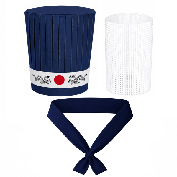 Navy blue 4-piece Hibachi chef hat set with Dragon headband, necktie and support insert