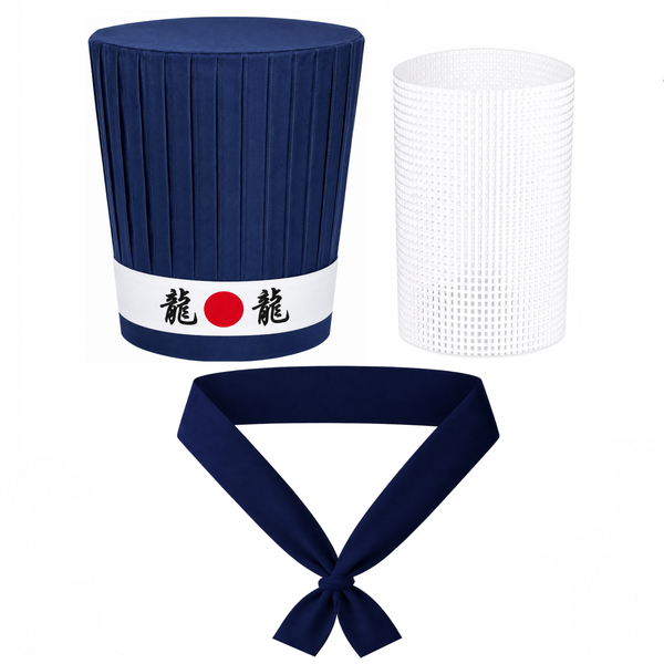 Navy blue Japanese Hibachi chef hat with Dragon headband and matching chef necktie