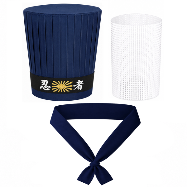 Navy blue Hibachi chef hat set with Ninja Japanese headband, necktie and support insert