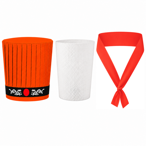 Orange Hibachi chef hat with Dragon headband, chef necktie and support insert