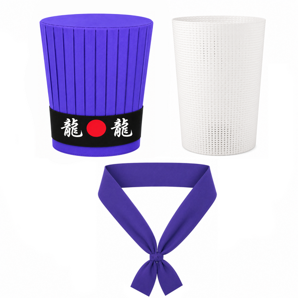 Purple 4-piece Hibachi chef hat set with Dragon headband, necktie and support insert