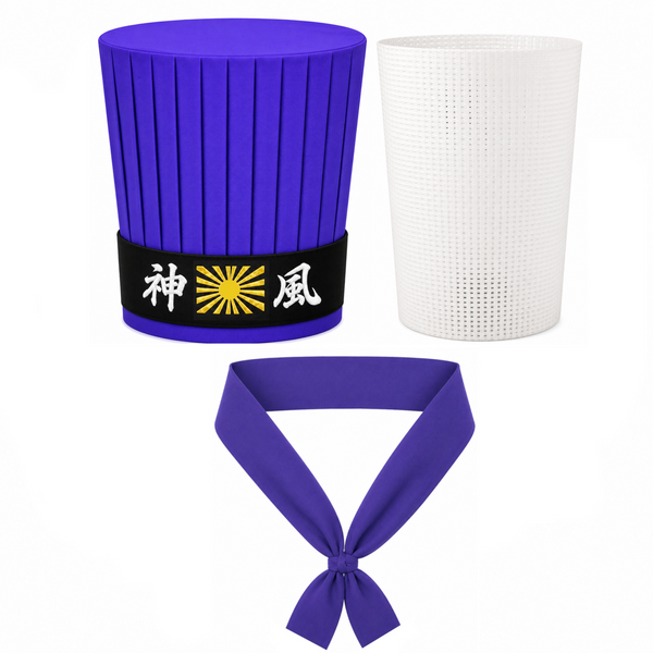 Purple Hibachi chef hat set with Divine Wind headband, necktie and hat insert