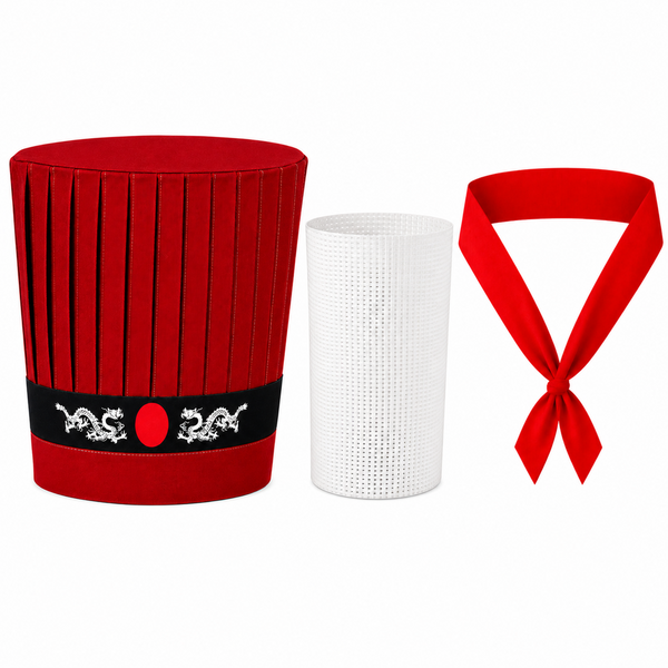 Red Hibachi tall chef hat with Dragon headband, necktie and support insert