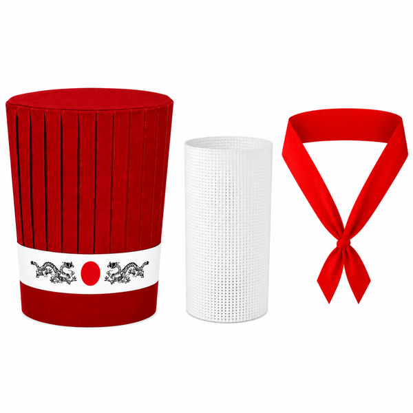 Japanese Hibachi chef hat with Dragon headband and matching chef necktie