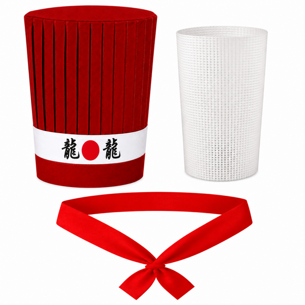 Red Hibachi chef hat set with Ninja Japanese headband, necktie and support insert