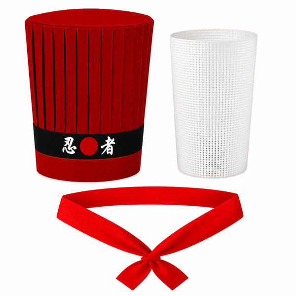Red Japanese Hibachi chef hat with Ninja headband and matching necktie