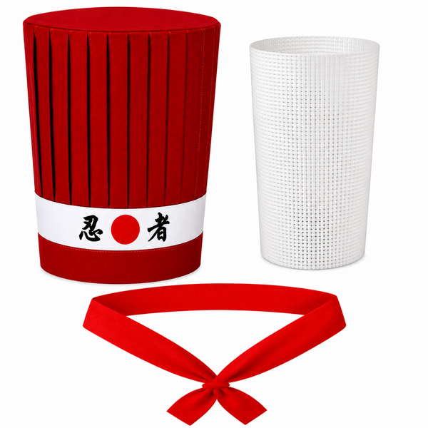 Red Japanese Hibachi chef hat with Ninja headband and matching necktie