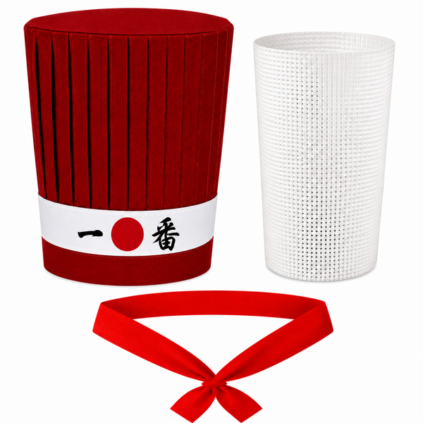 Red Hibachi chef hat with Ichiban headband, necktie and support insert