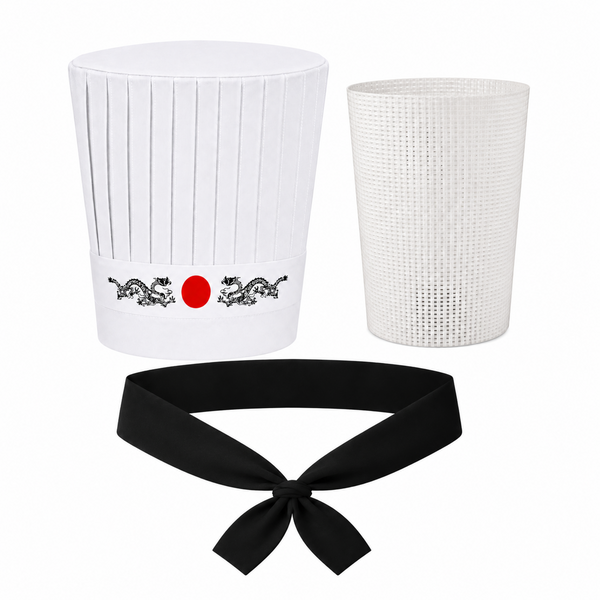 White 4-piece Hibachi chef hat set with Dragon headband, necktie and support insert