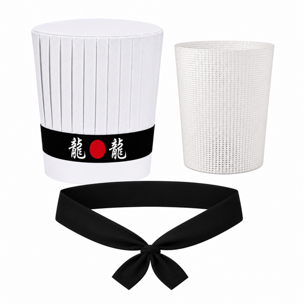 White Hibachi tall chef hat with Dragon headband, necktie and support insert
