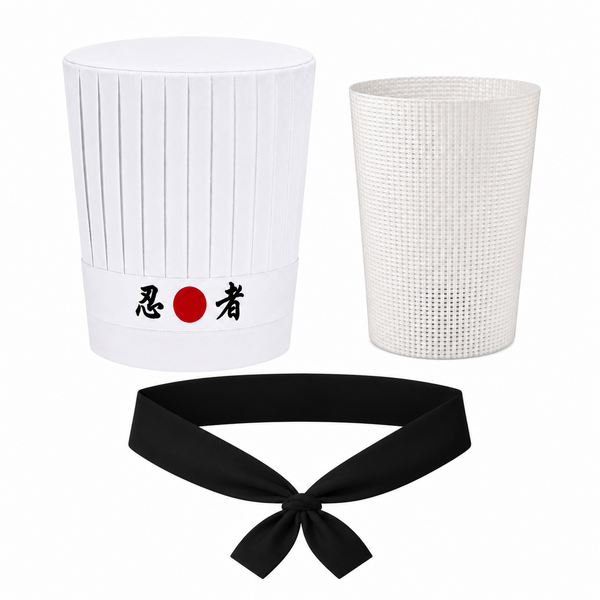 White 4-piece Hibachi chef hat set with Ninja headband, necktie and hat support insert