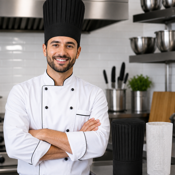 Black tall chef hat with support insert net for hibachi, teppanyaki, sushi, and restaurant chefs