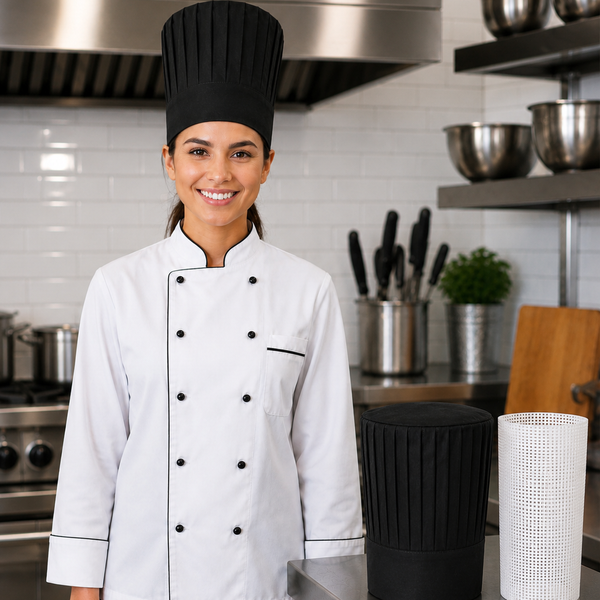 Black tall chef hat with support insert net for hibachi, teppanyaki, sushi, and restaurant chefs