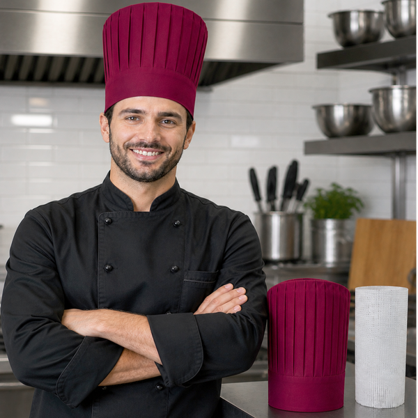 Burgundy Tall Chef Hat with Support Insert Net for Hibachi, Teppanyaki and Restaurant Chefs
