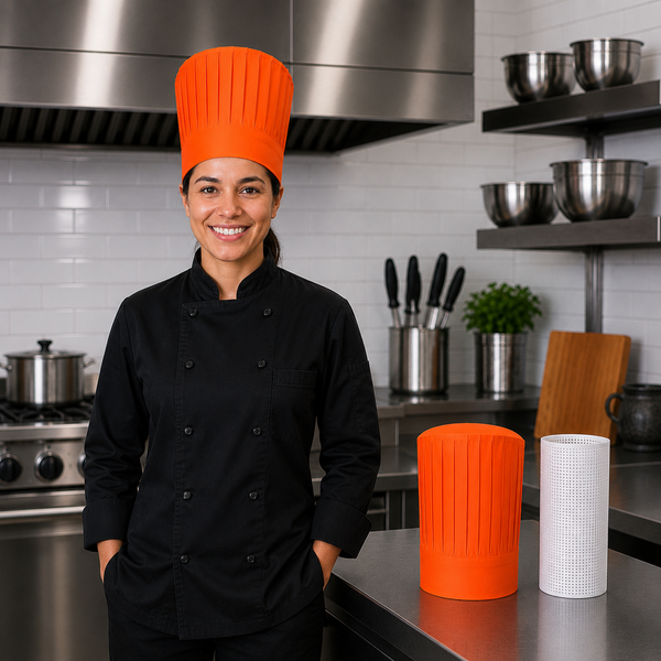 Orange Tall Chef Hat with Support Insert Net for Hibachi, Teppanyaki and Restaurant Chefs