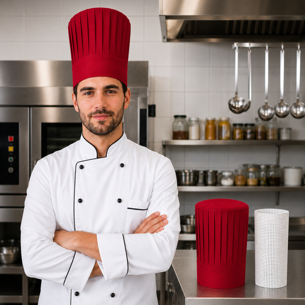 Red tall chef hat with support insert net for hibachi, teppanyaki, sushi, and restaurant chefs