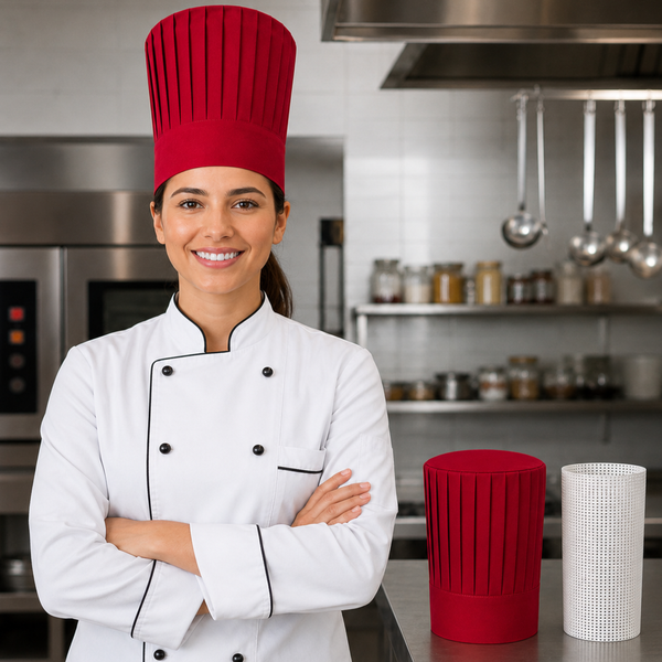 Red tall chef hat with support insert net for hibachi, teppanyaki, sushi, and restaurant chefs