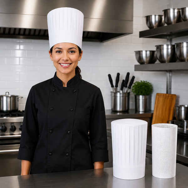 White traditional tall chef hat with support insert net