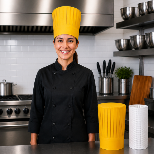 Yellow tall chef hat with support insert net for hibachi, teppanyaki, and restaurant chefs