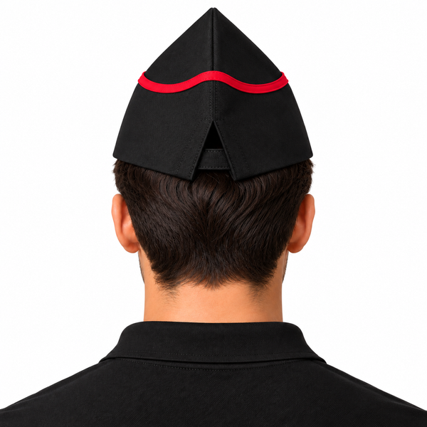 Black garrison chef hat with red piping for restaurant uniforms