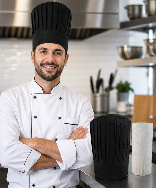 Black tall chef hat with support insert net for hibachi, teppanyaki, sushi, and restaurant chefs