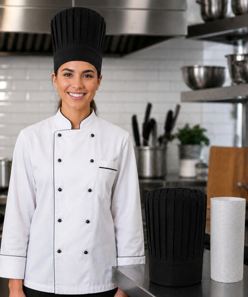 Black tall chef hat with support insert net for hibachi, teppanyaki, sushi, and restaurant chefs