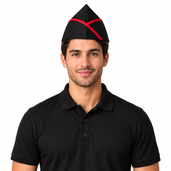 Black garrison chef hat with red piping for restaurant waiter