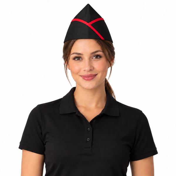 Black garrison chef hat with red piping for restaurant waitress
