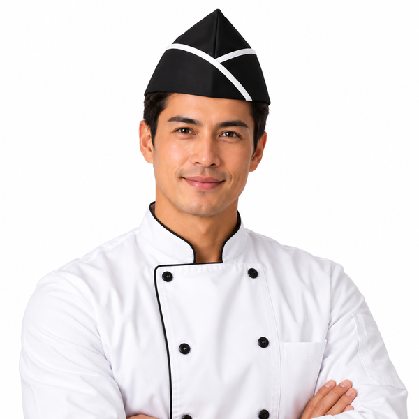 Black garrison chef hat with white piping for restaurant chefs