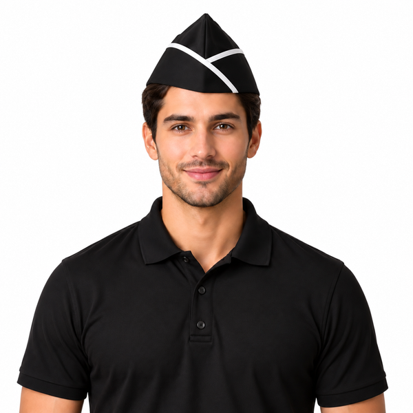 Black garrison chef hat with white piping for restaurant waiter
