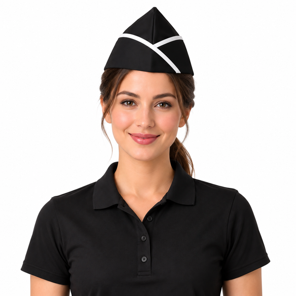 Black garrison chef hat with white piping for restaurant waitress