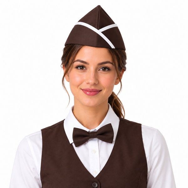 Brown garrison chef hat with white piping for restaurant server