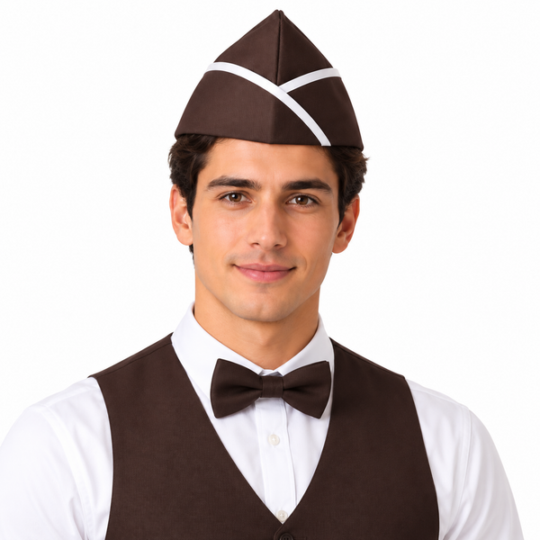 Brown garrison chef hat with white piping for restaurant chef
