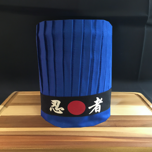 Blue Hibachi chef tall hat with Japanese "Ninja" headband design, perfect for hibachi cooking.