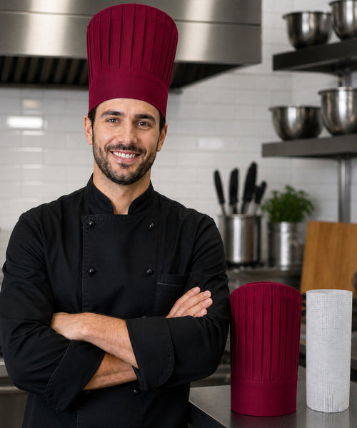 Burgundy Tall Chef Hat with Support Insert Net for Hibachi, Teppanyaki and Restaurant Chefs
