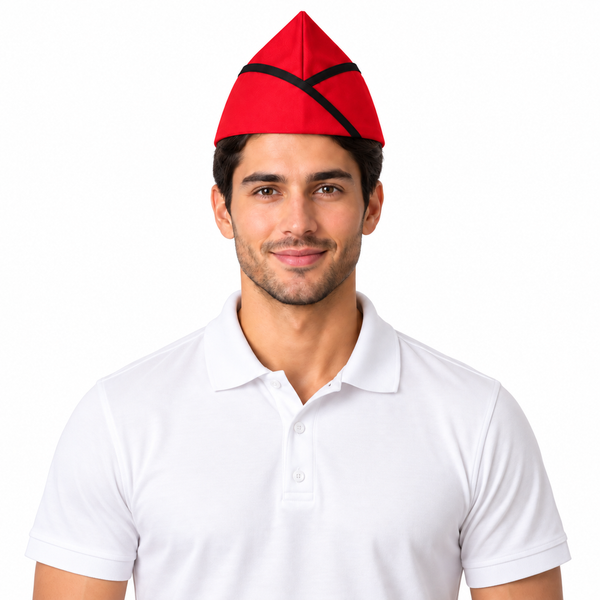 Red garrison hat with black piping for restaurant waiter