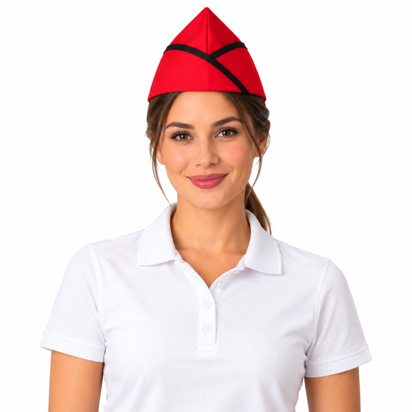 Red garrison chef hat with black piping for restaurant server