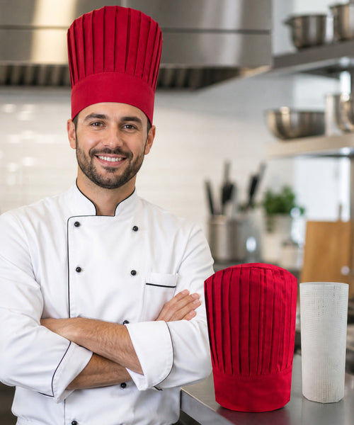 Red tall chef hat with support insert net for hibachi, teppanyaki, sushi, and restaurant chefs