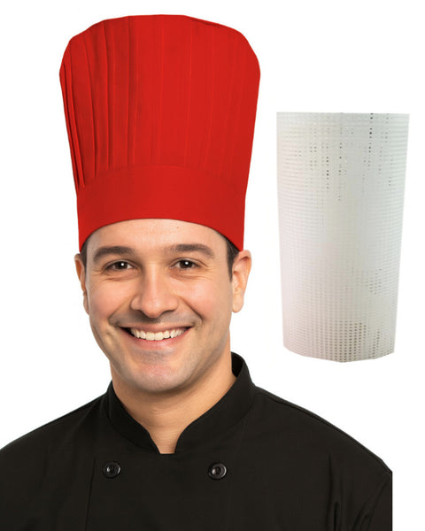 Red hibachi chef tall hat with plastic support insert