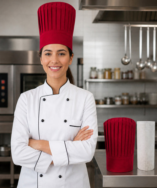 Red tall chef hat with support insert net for hibachi, teppanyaki, sushi, and restaurant chefs