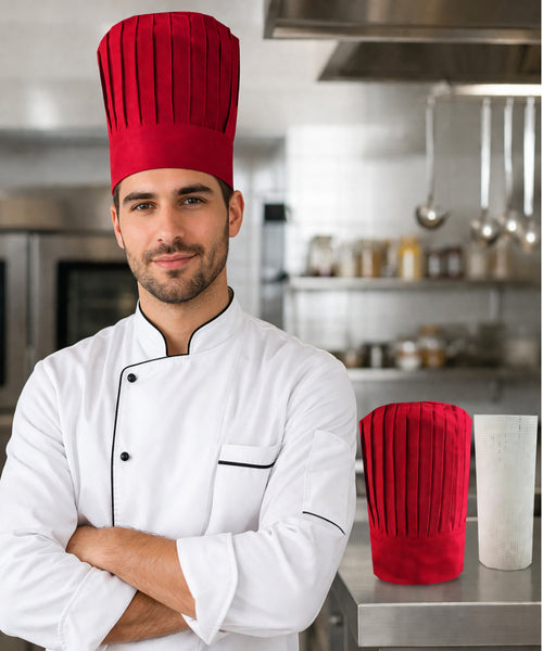 Red tall chef hat with support insert net for hibachi, teppanyaki, sushi, and restaurant chefs