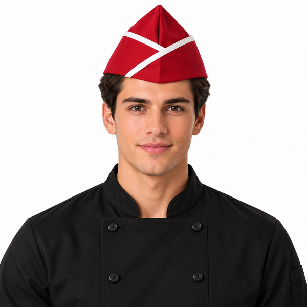 Red garrison chef hat with white piping for restaurant uniforms