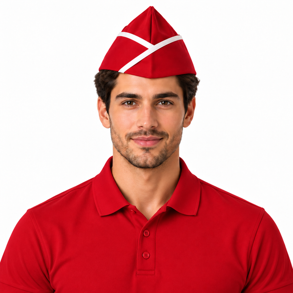 Red garrison chef hat with white piping for restaurant waiter