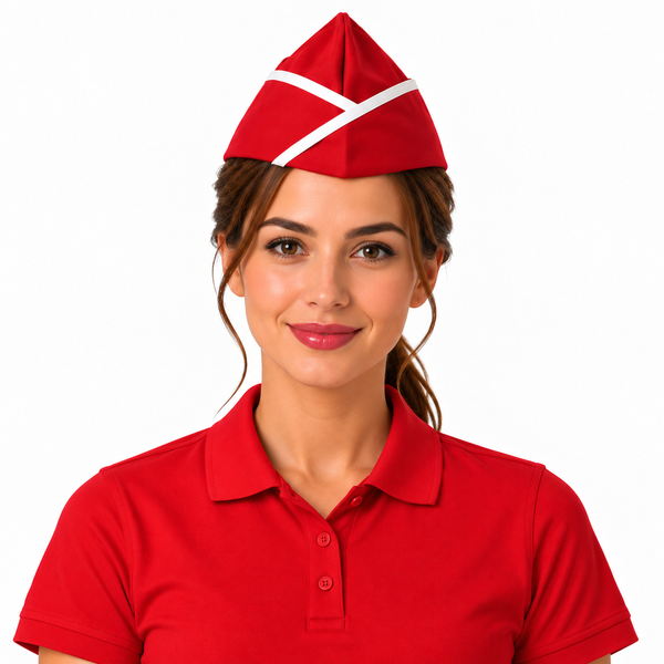 Red garrison chef hat with white piping for restaurant waitress