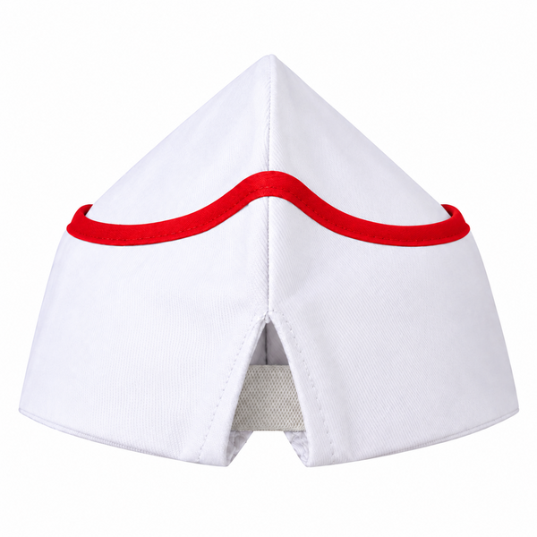 White garrison chef hat with red piping for restaurant chef