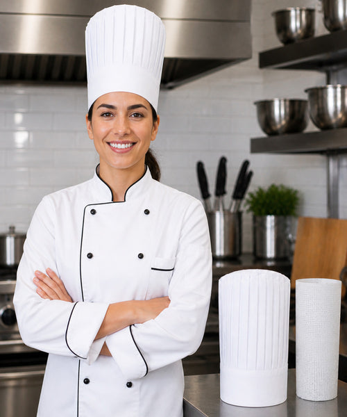 White traditional tall chef hat with support insert net