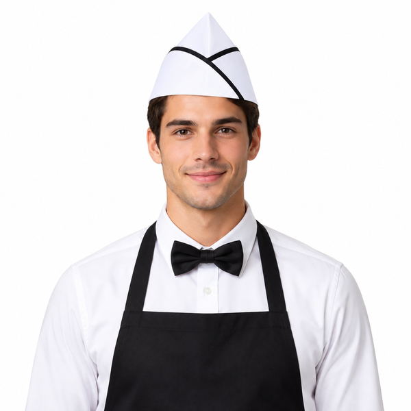 White garrison waiter hat with black piping for restaurant staff uniforms