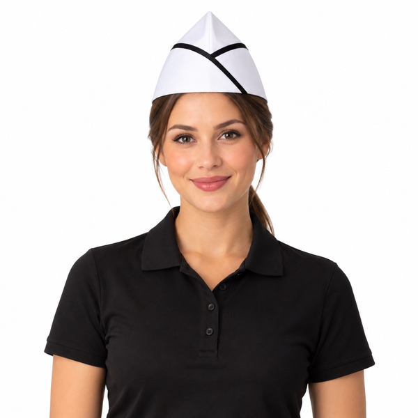 White garrison hat with black piping for restaurant waitress uniforms