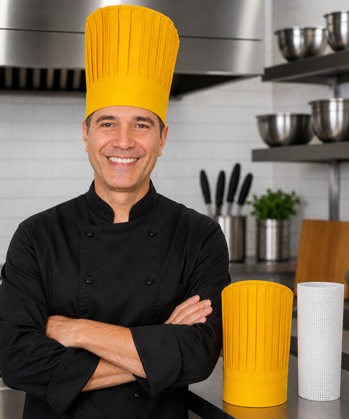 Yellow Tall Chef Hat with Support Insert Net for Hibachi, Teppanyaki and Restaurant Chefs